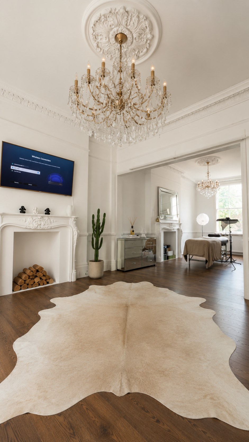 Hearth and the view down the floor
