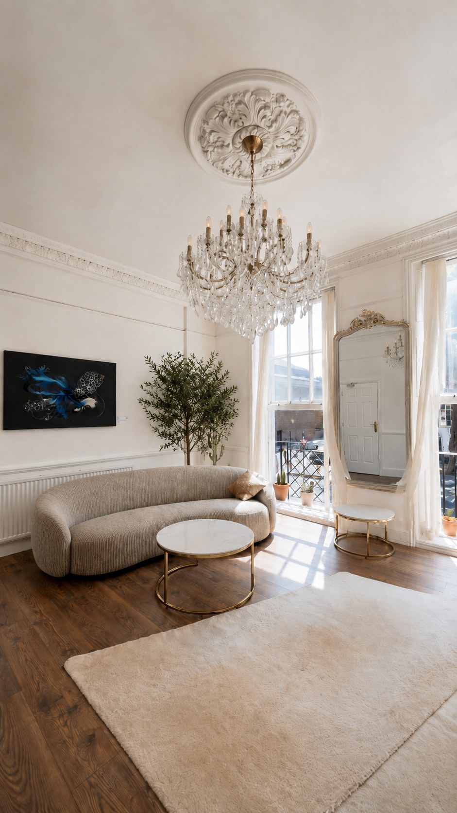 Curved sofa and crystal chandelier