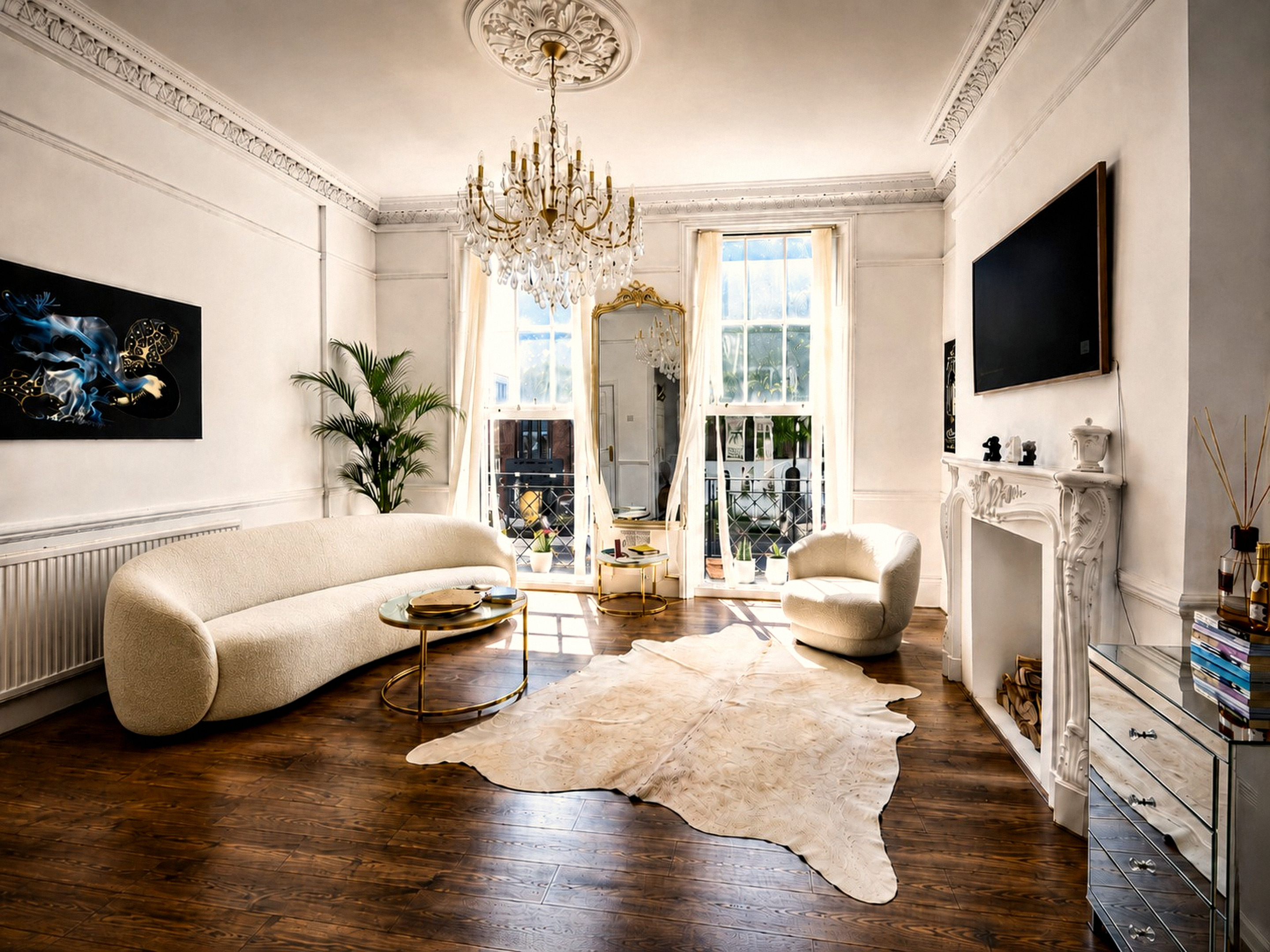 Chandelier, mirror and sash windows